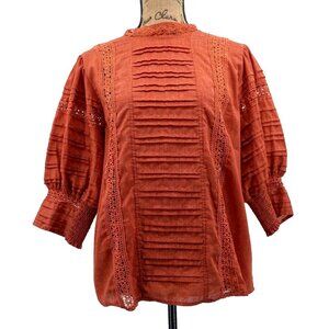 Ces Femme Women Top‎ Small Rust Lace Ruched Embroidered Detailed Button Closure